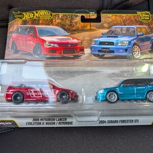 Hot Wheels Red Mitsubishi Lancer & Blue Subaru Forester Set